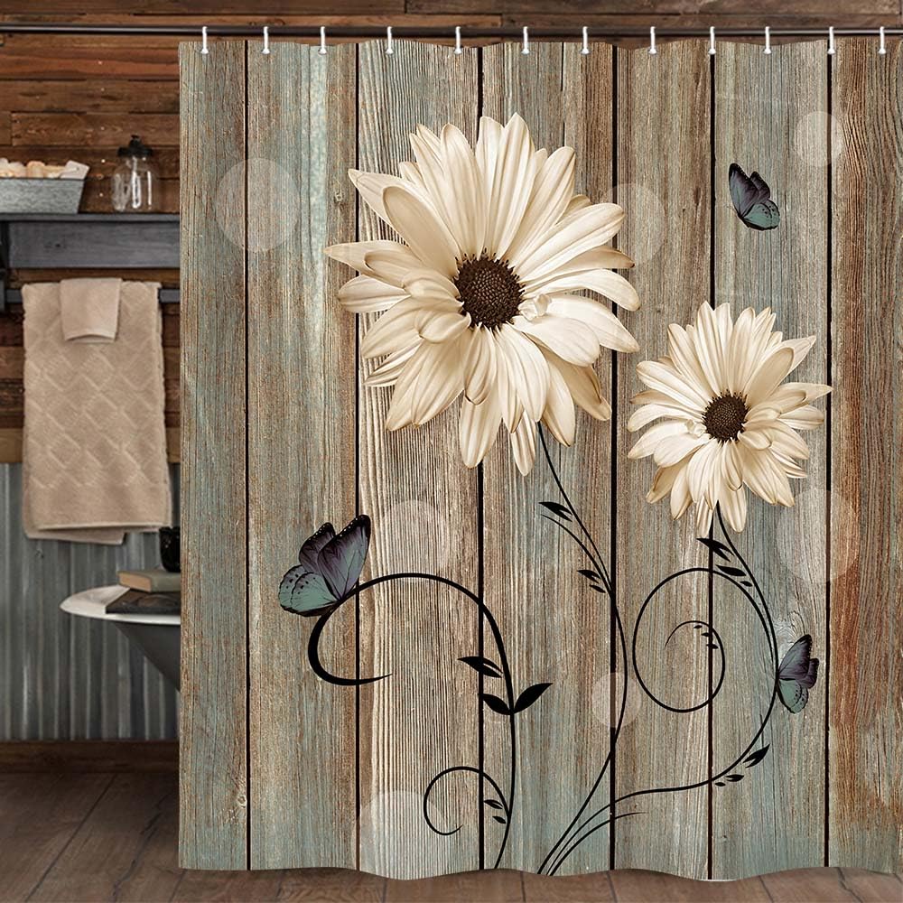 Rustic Floral Shower Curtain for Bathroom Elegant Daisy Flower Butterflies Bath Curtains Farmhouse Barn Wood Vintage Fabric Shower Curtain Sets with Hooks 69x78 Inches