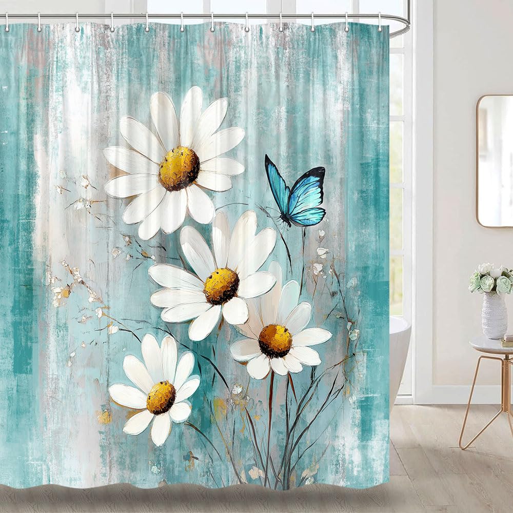 JAWO Shower Curtains Turquoise Daisy Shower Curtain Farm Floral Shower Curtain Rustic Farmhouse Shower Curtain Turquoise Blue Shower Curtain with Hooks 72X72 Inches(Turquoise)