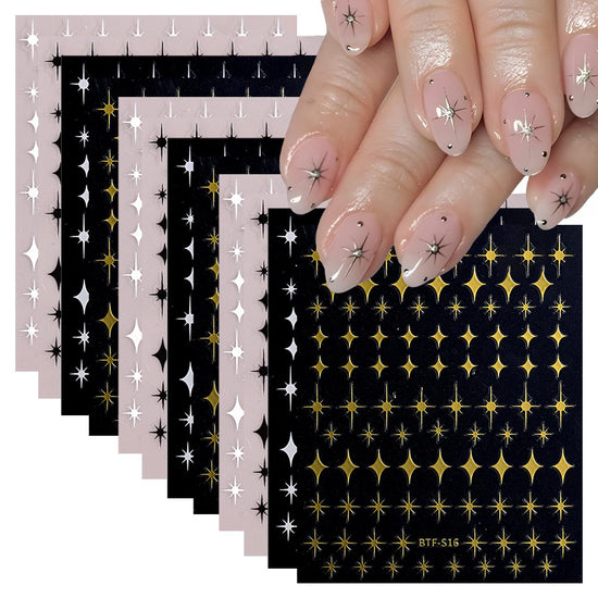 12 Sheet Star Nail Stickers 3D Self-Adhesive Star Nail Decals for Nail Art Star Nail Art Stickers Black White Silver Gold Nail Art Supplies Stickers for Women Nail Decorations Accessories